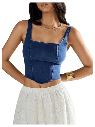 SHENHE Women's Denim Tank Top Sleeveless Square Neck Backless Slim